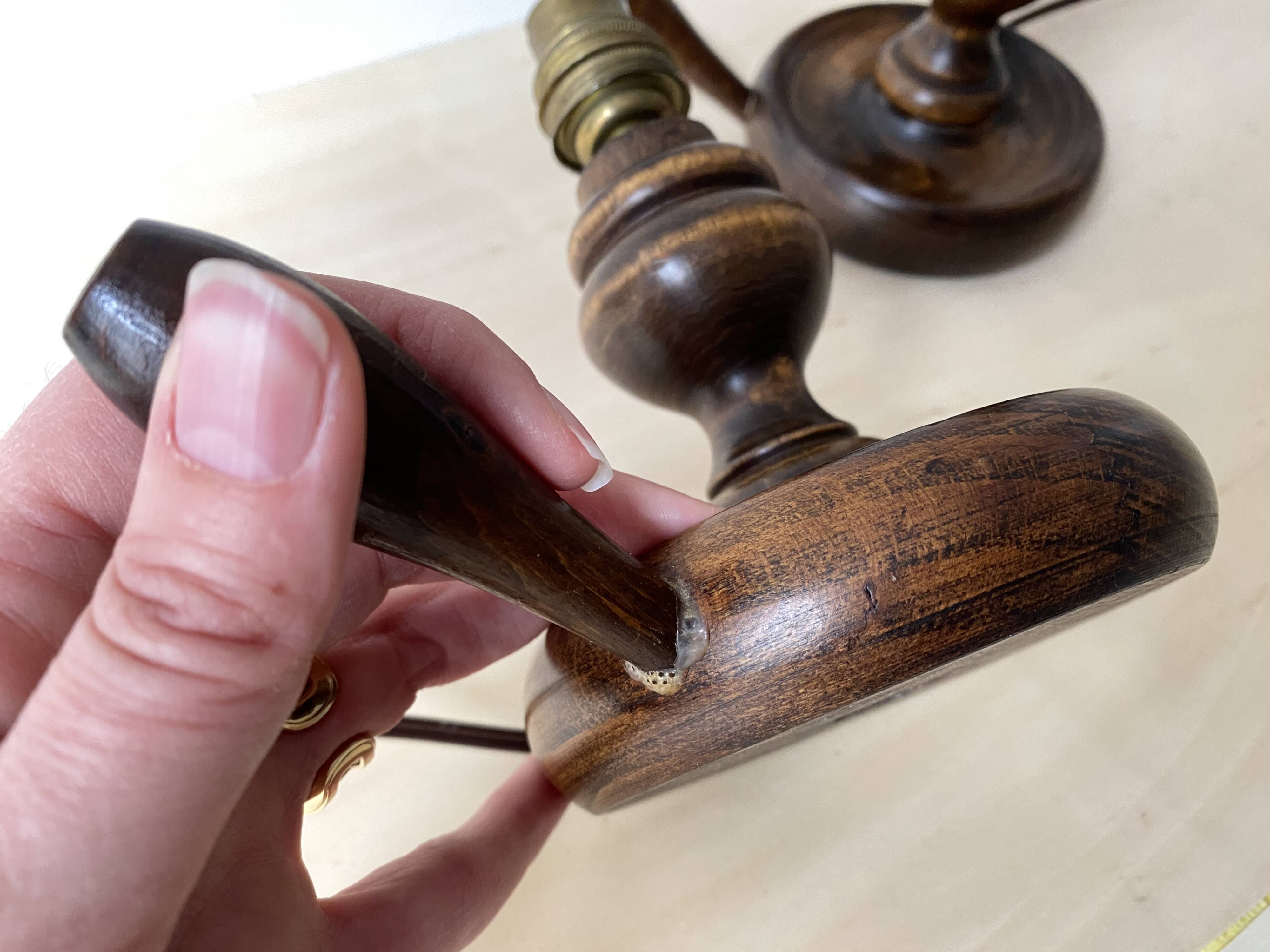 Pair of 50s turned wooden candlestick lamps, vintage lighting fixtures, rustic lamp bases