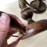 Pair of 50s turned wooden candlestick lamps, vintage lighting fixtures, rustic lamp bases