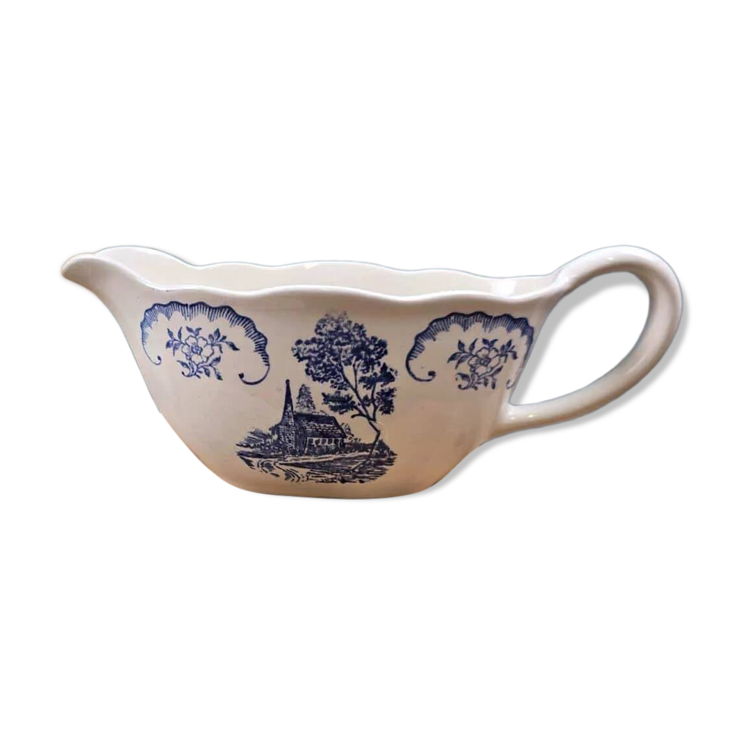 Petite saucière Digoin Bernadette – Faïence ancienne décor bleu campagne