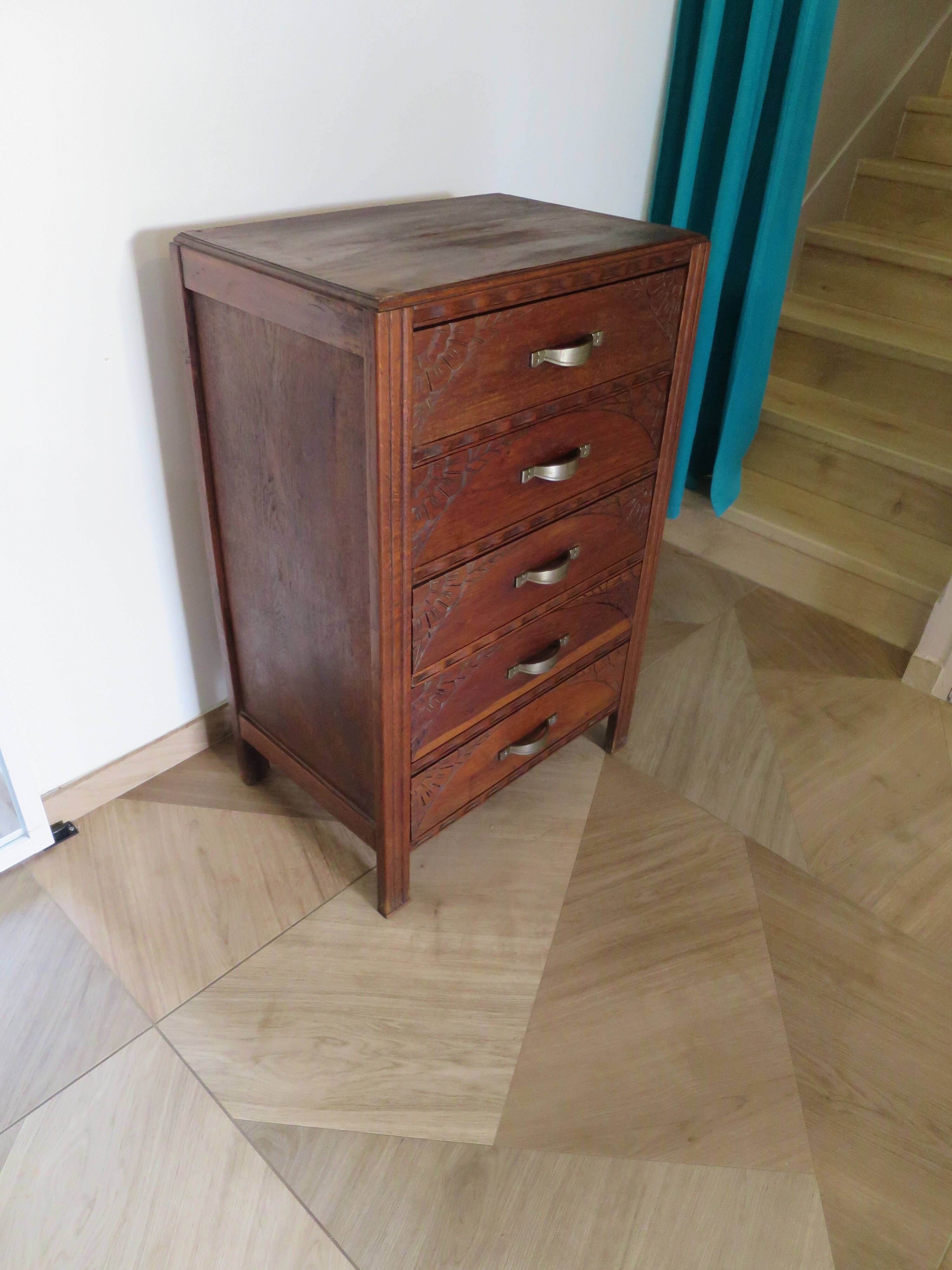 Art Deco Chest of Drawers - 5 drawers - 1950s - Carved wood - Pattern