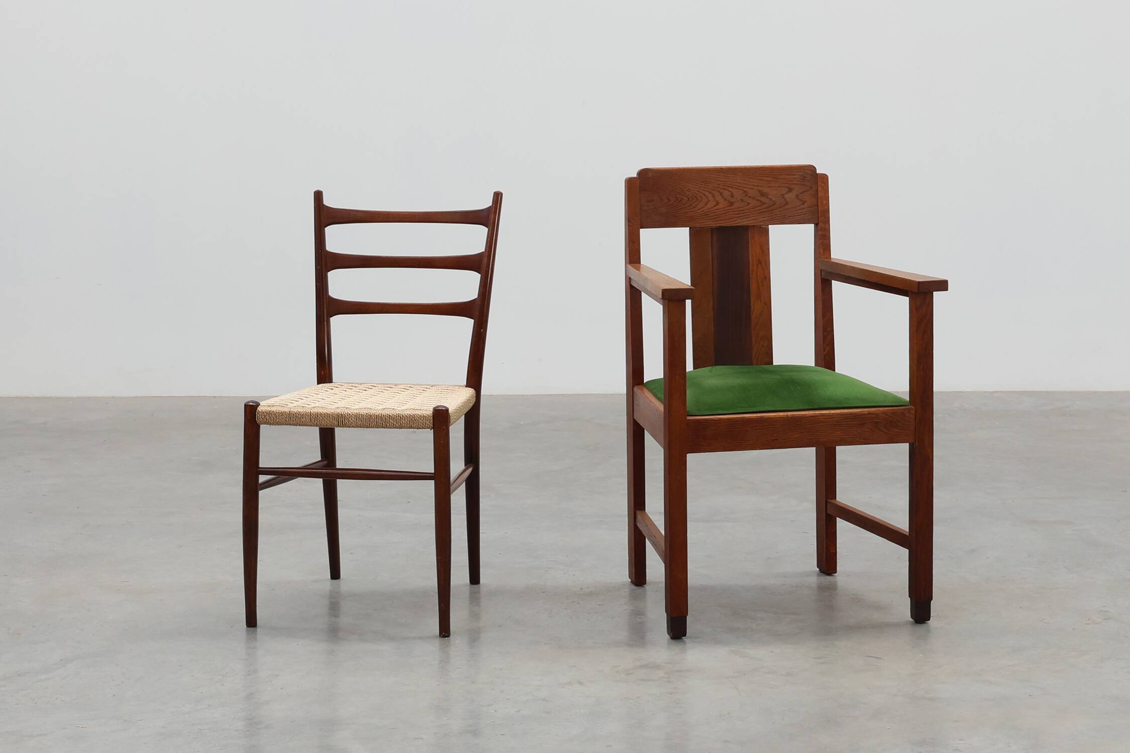 Amsterdamse school oak and velvet side chair, The Netherlands 1920s