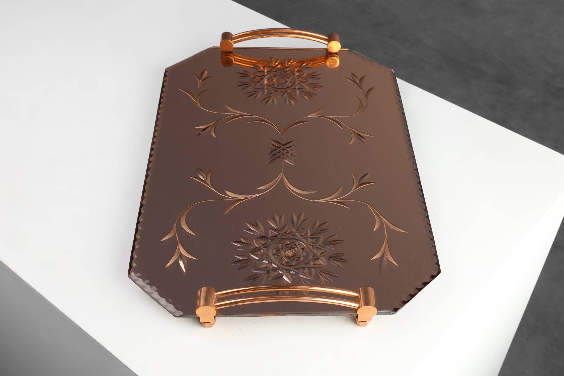 Art Deco Mirrored Glass and Copper Tray, Belgium ca. 1920