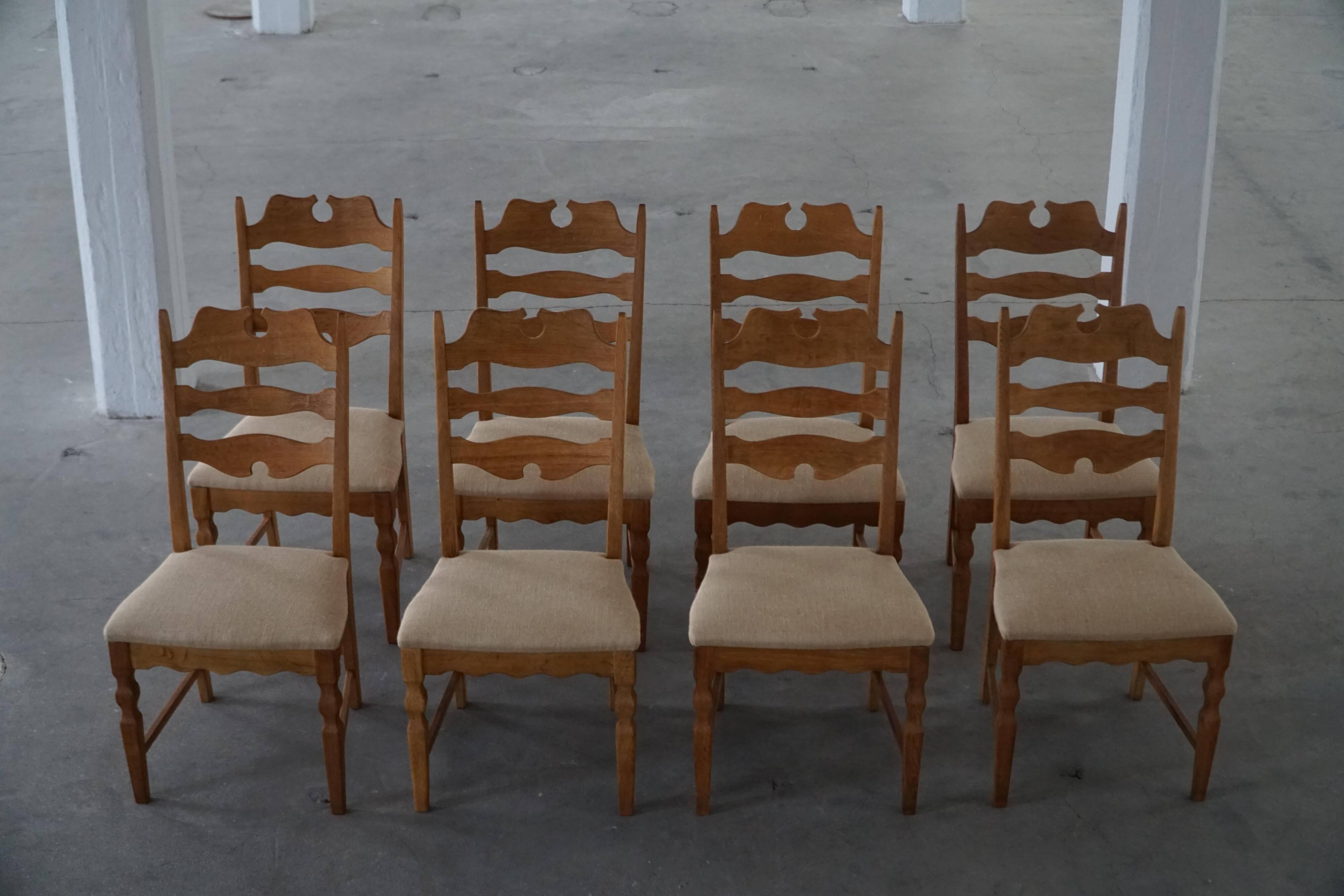 Set of 8 oak chairs with jute fabric, Henning Kjærnulf, mid-century Danish, 1960s.