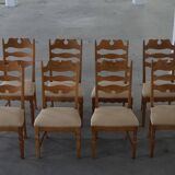 Set of 8 oak chairs with jute fabric, Henning Kjærnulf, mid-century Danish, 1960s.