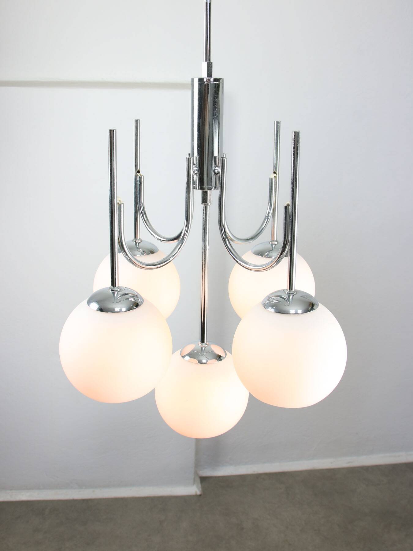 Vintage Italian Chrome and Opaline Chandelier, 1970s