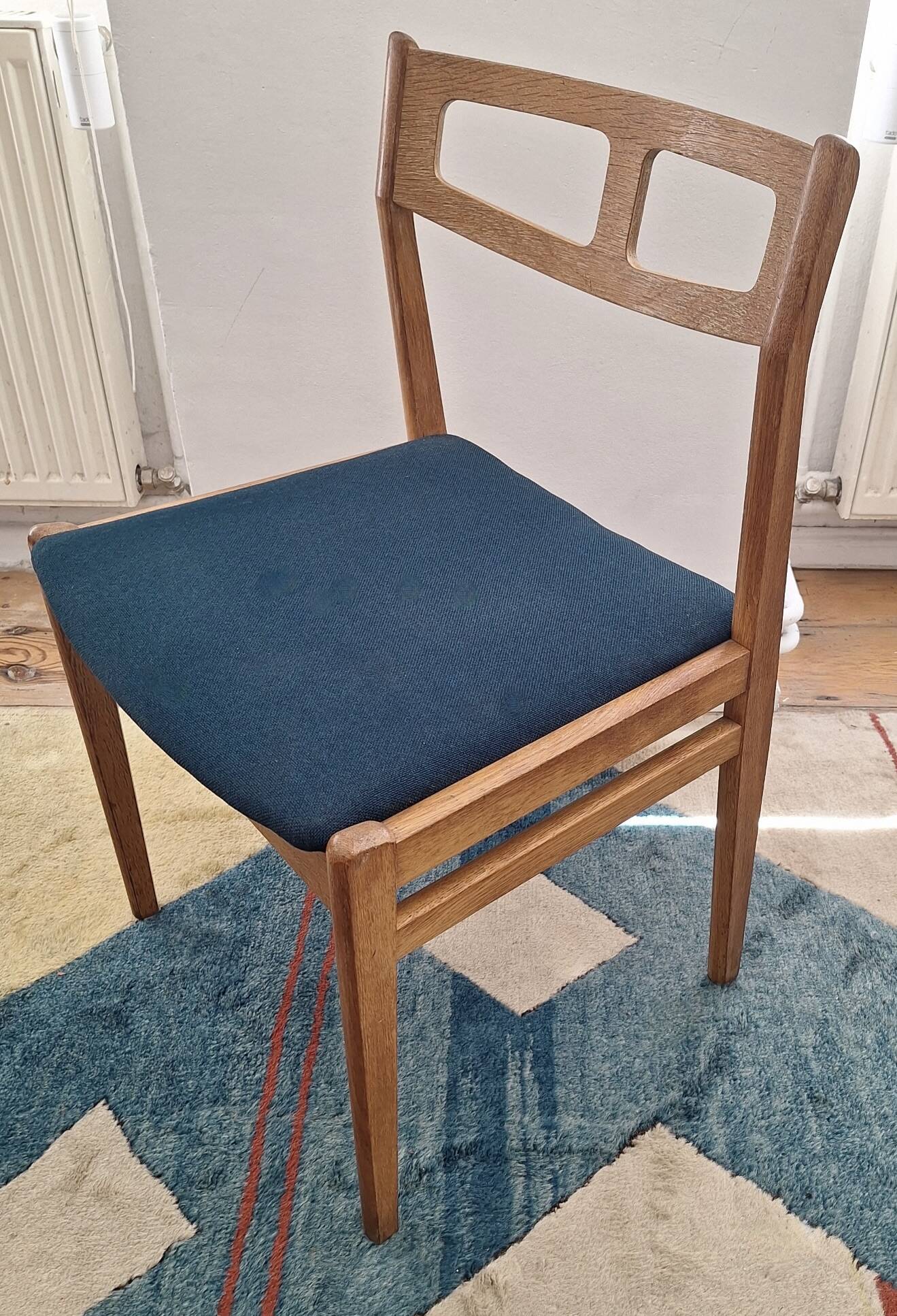 Set of Danish oak dining chairs with petrol blue covers, 1960s