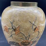 Vase, oblong shape, solid brass, bronze color, cloisonné enamel, floral decoration, flower, orange