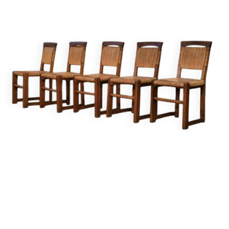 Set of 5 oak and rush chairs in the style of Charles Dudouyt, 1950s