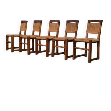 Set of 5 oak and rush chairs in the style of Charles Dudouyt, 1950s