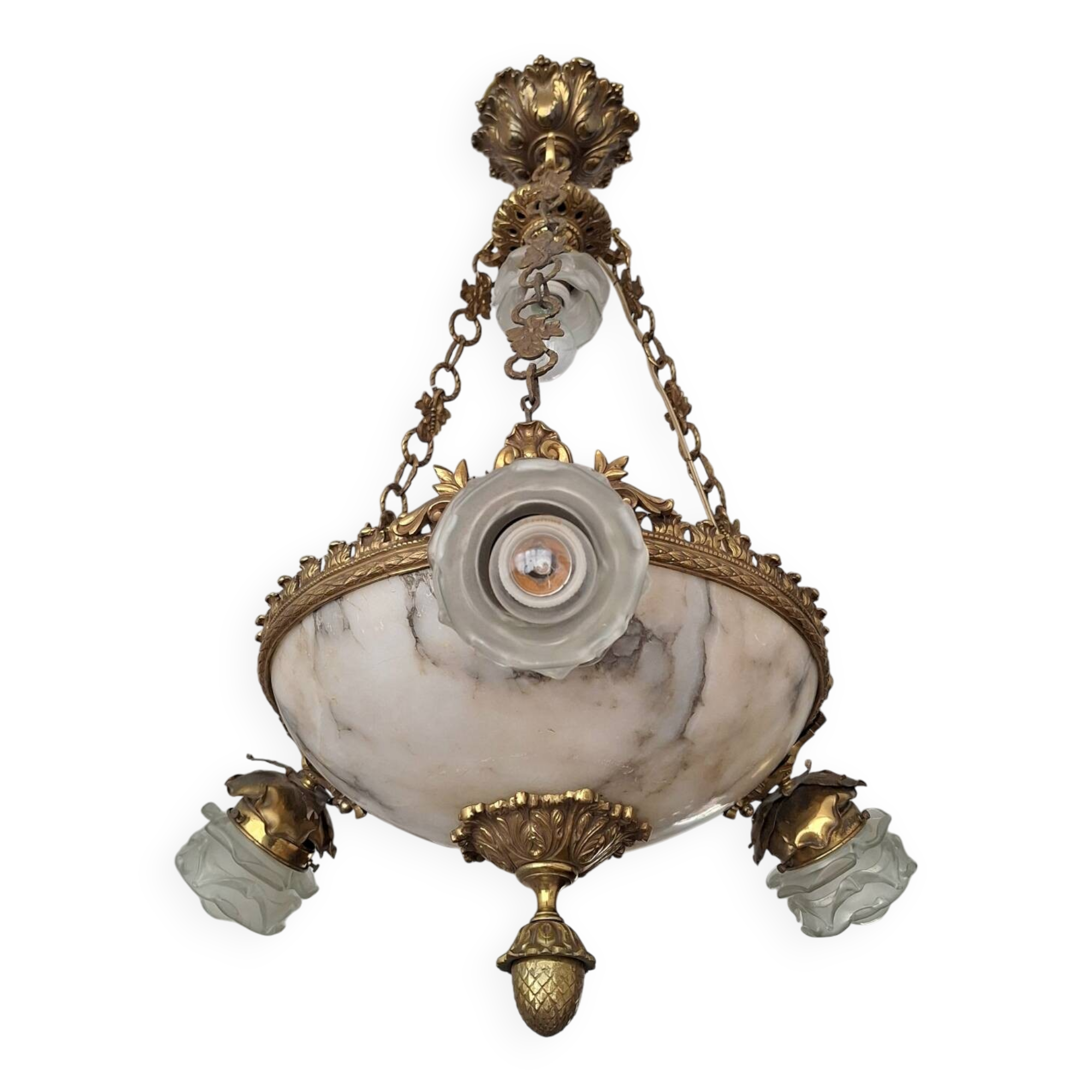 Art Deco alabaster and bronze chandelier, 7-light fixture