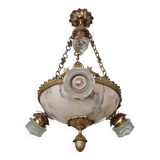 Art Deco alabaster and bronze chandelier, 7-light fixture
