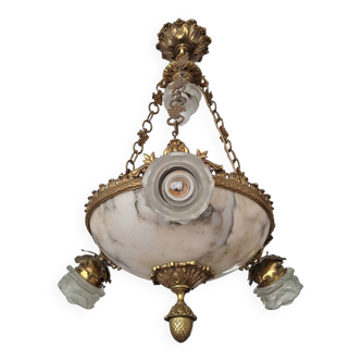 Lustre art déco albâtre et bronze, luminaire à 7 lumières