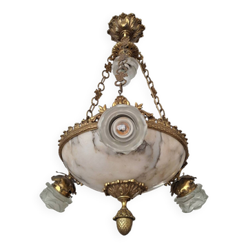 Art Deco alabaster and bronze chandelier, 7-light fixture