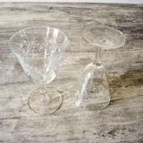 5 old transparent foot glasses – white floral pattern