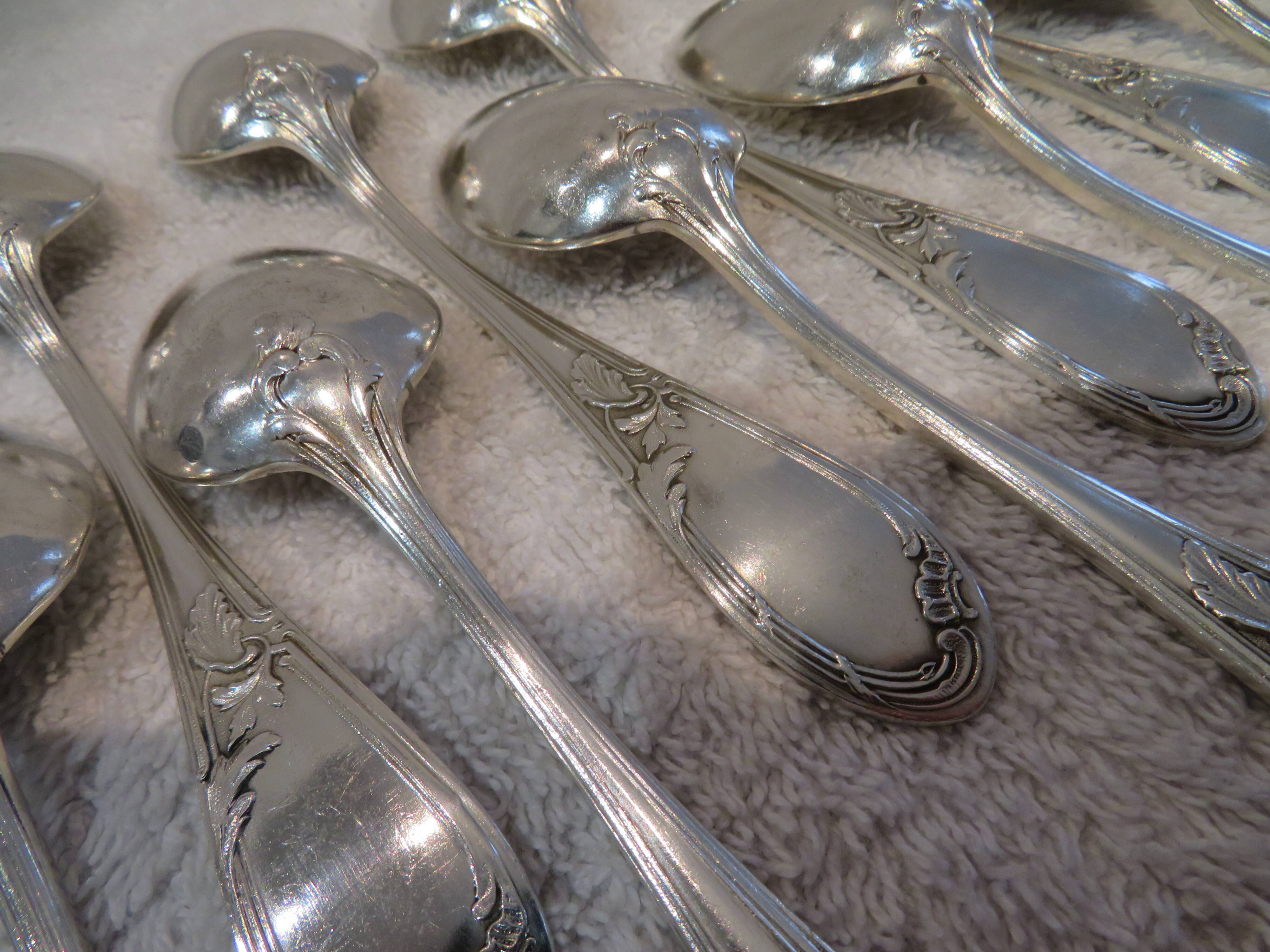 12 silver-plated metal teaspoons, goldsmith J Brille, rocaille ribbon decor
