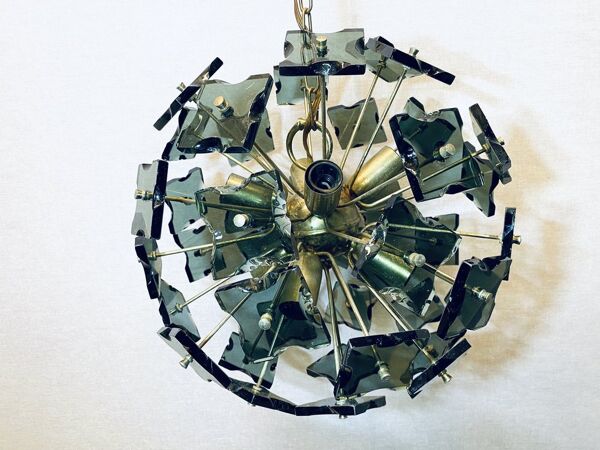 Verre de Murano italien Spoutnik, verre fumé et métal, années 1960