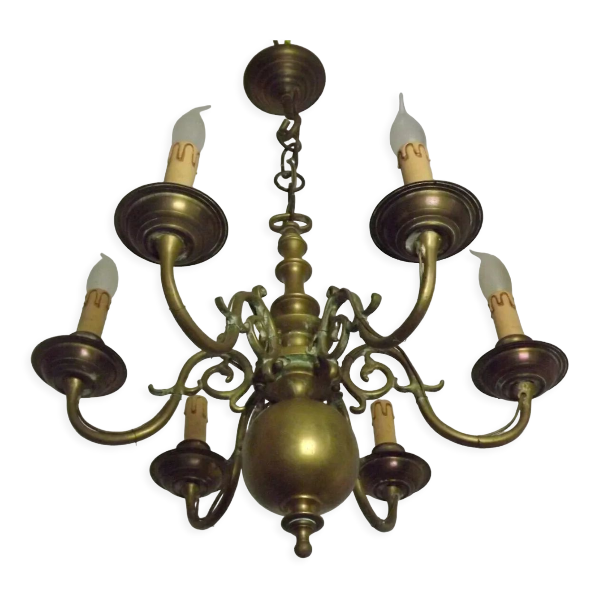 Vintage French 6 Light Heavy Brass Flemish Style Chandelier Card Drips 4050