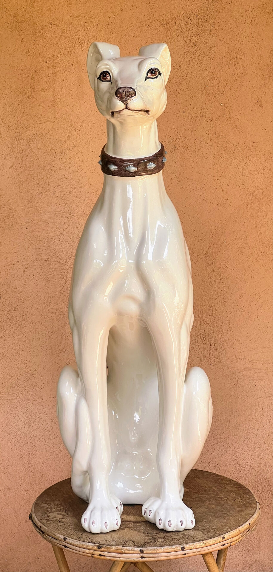 Large white glazed ceramic greyhound – signed – 92 cm