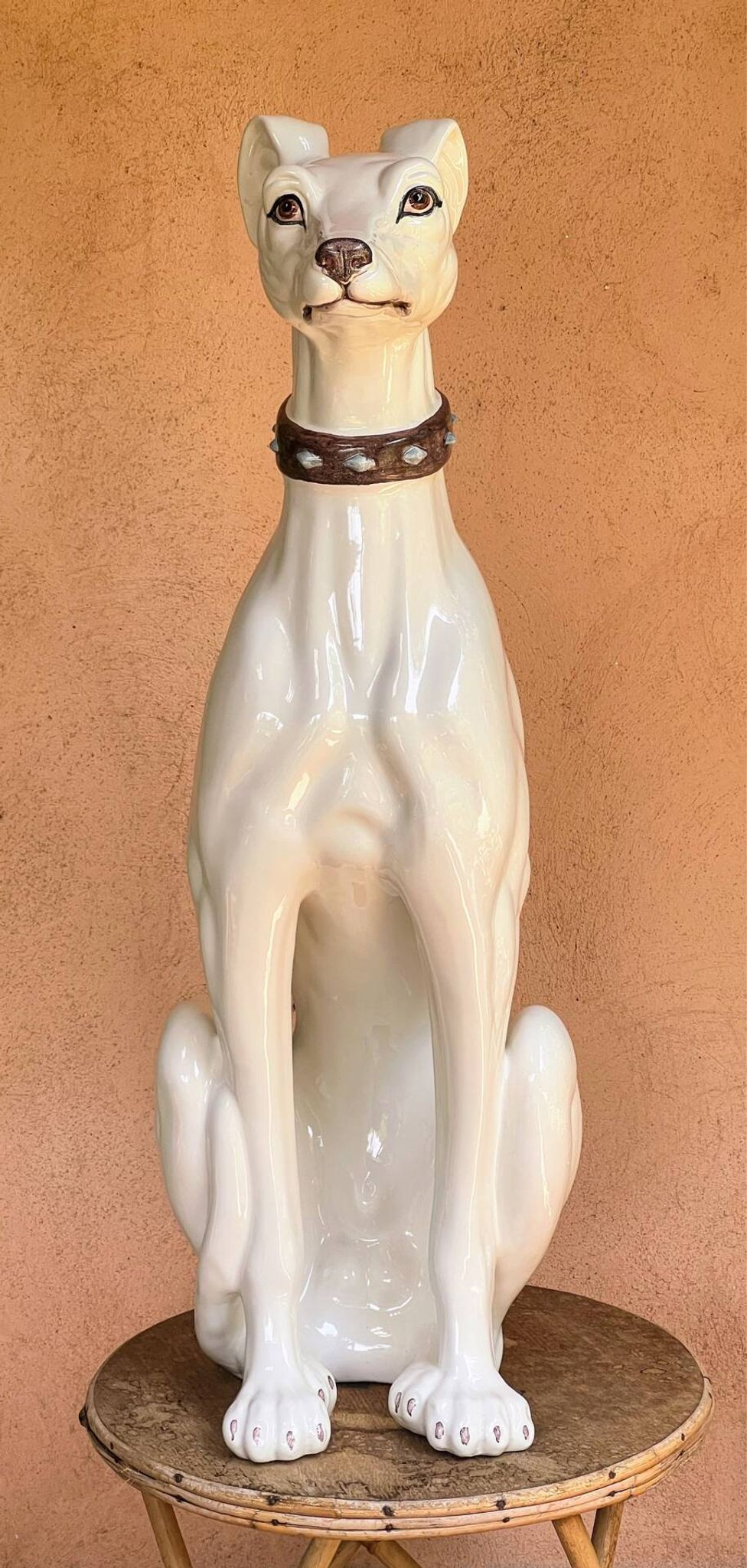 Large white glazed ceramic greyhound – signed – 92 cm