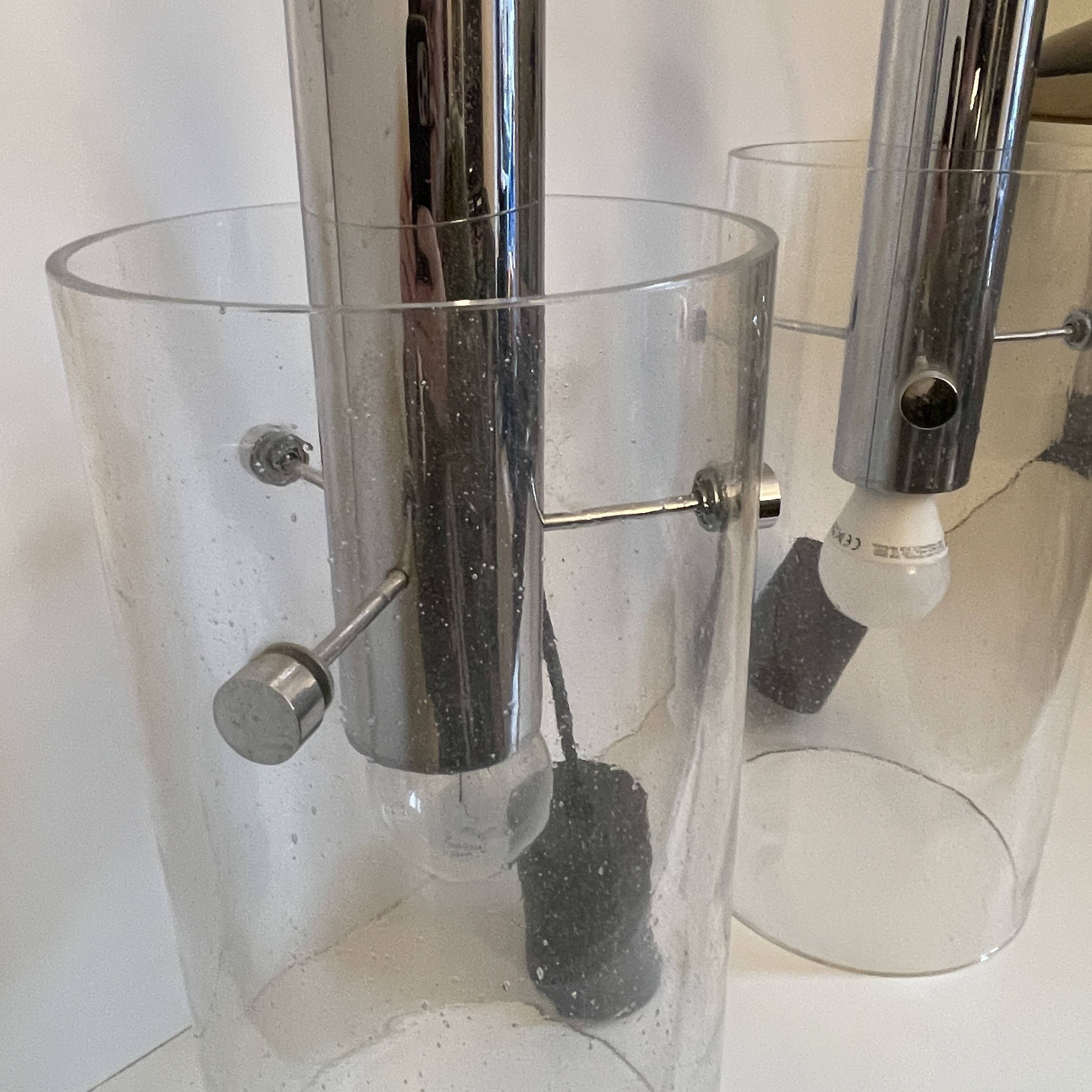 Pair of cylindrical pendant lamps, glass and steel, glashütte limburg