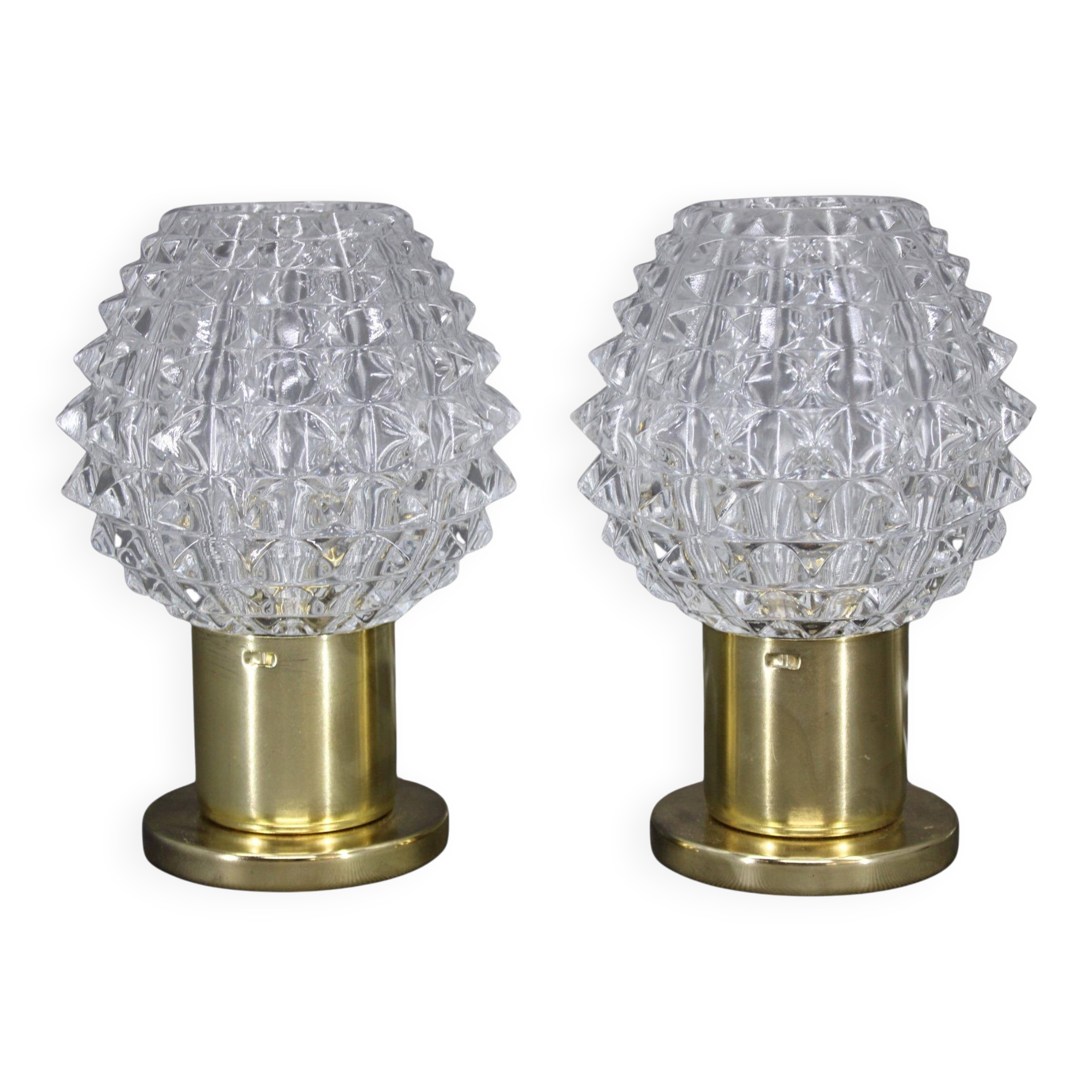 Pair of 1970s mid-century Czech table lamps with prismatic glass shades