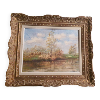 Paysage sous cadre bois sculpté