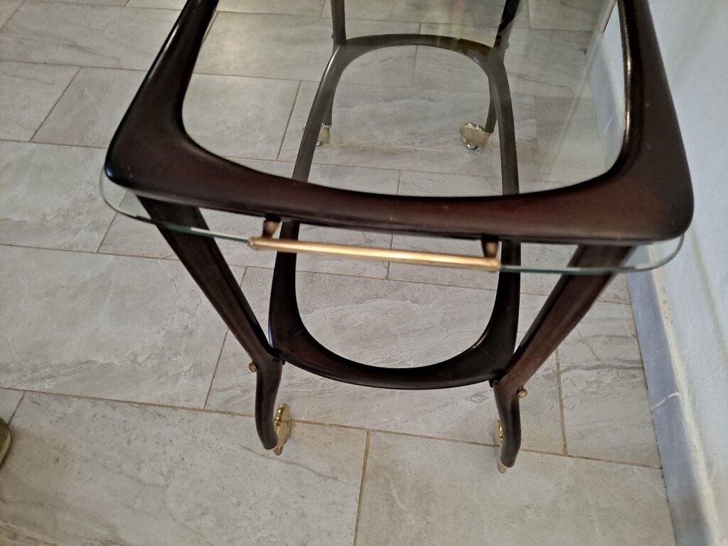 Midcentury mahogany italian bar cart with glass serving tray, 1950s