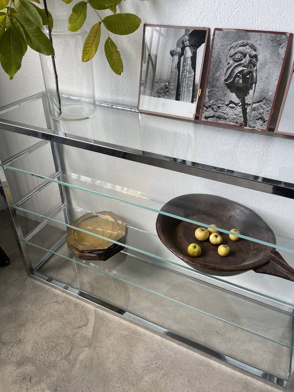 Pair of chrome and glass shelves from the 70s