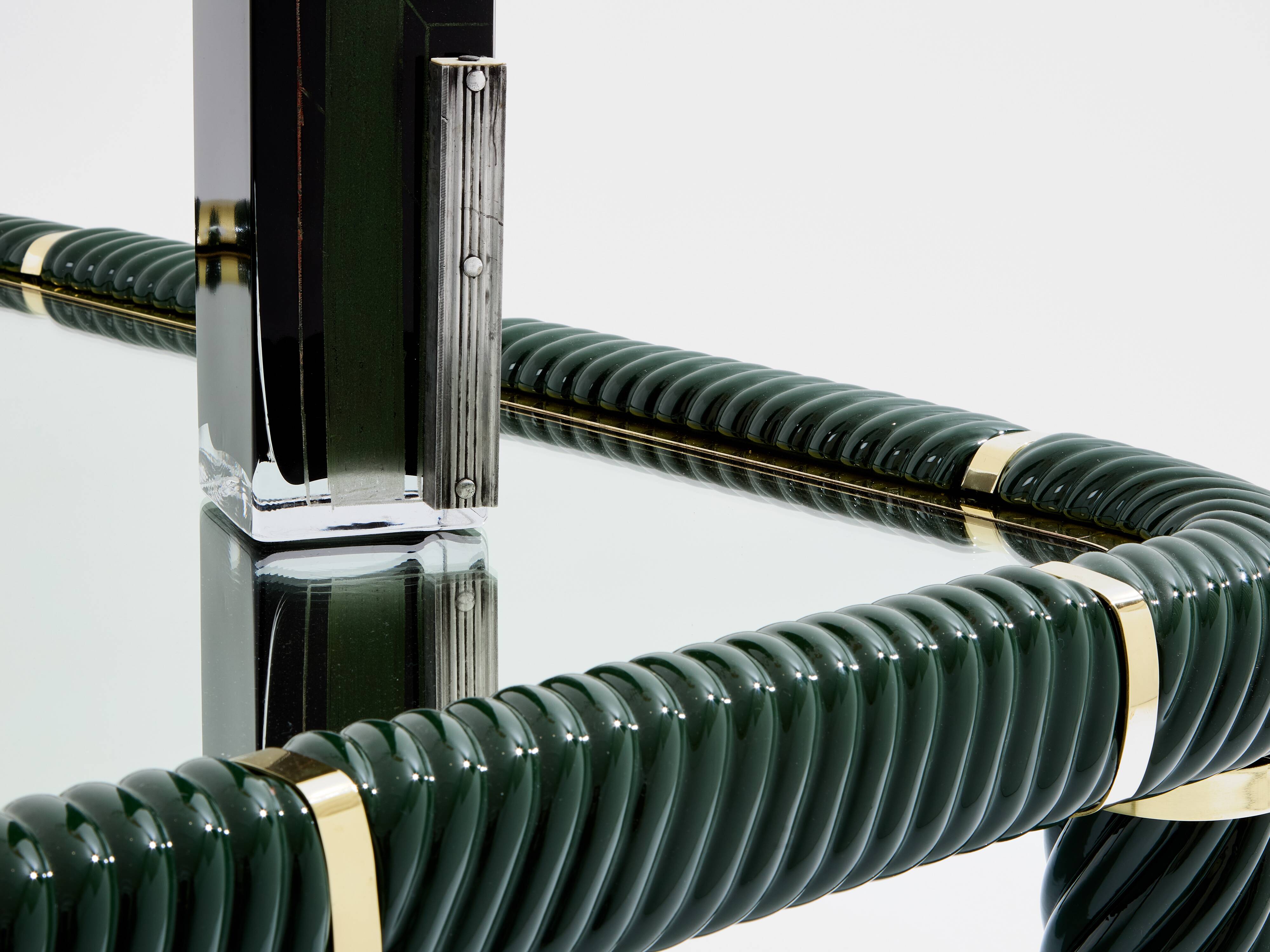 Olive green ceramic and brass coffee table by Tommaso Barbi 1970