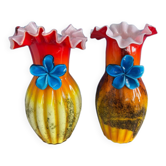 Lot de 2 vase type murano verre soufflé fleur bleu