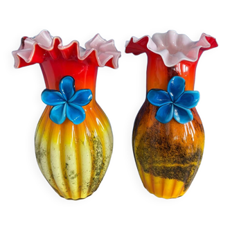 Set of 2 murano type vase blown glass blue flower