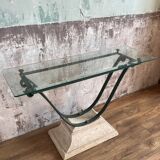 Console in glass and antique patinated metal