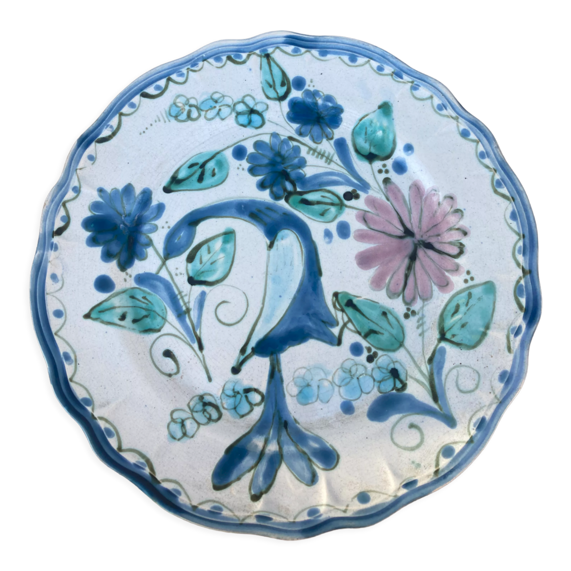 Decorative plate decorated with bird and flowers blue and pink vintage