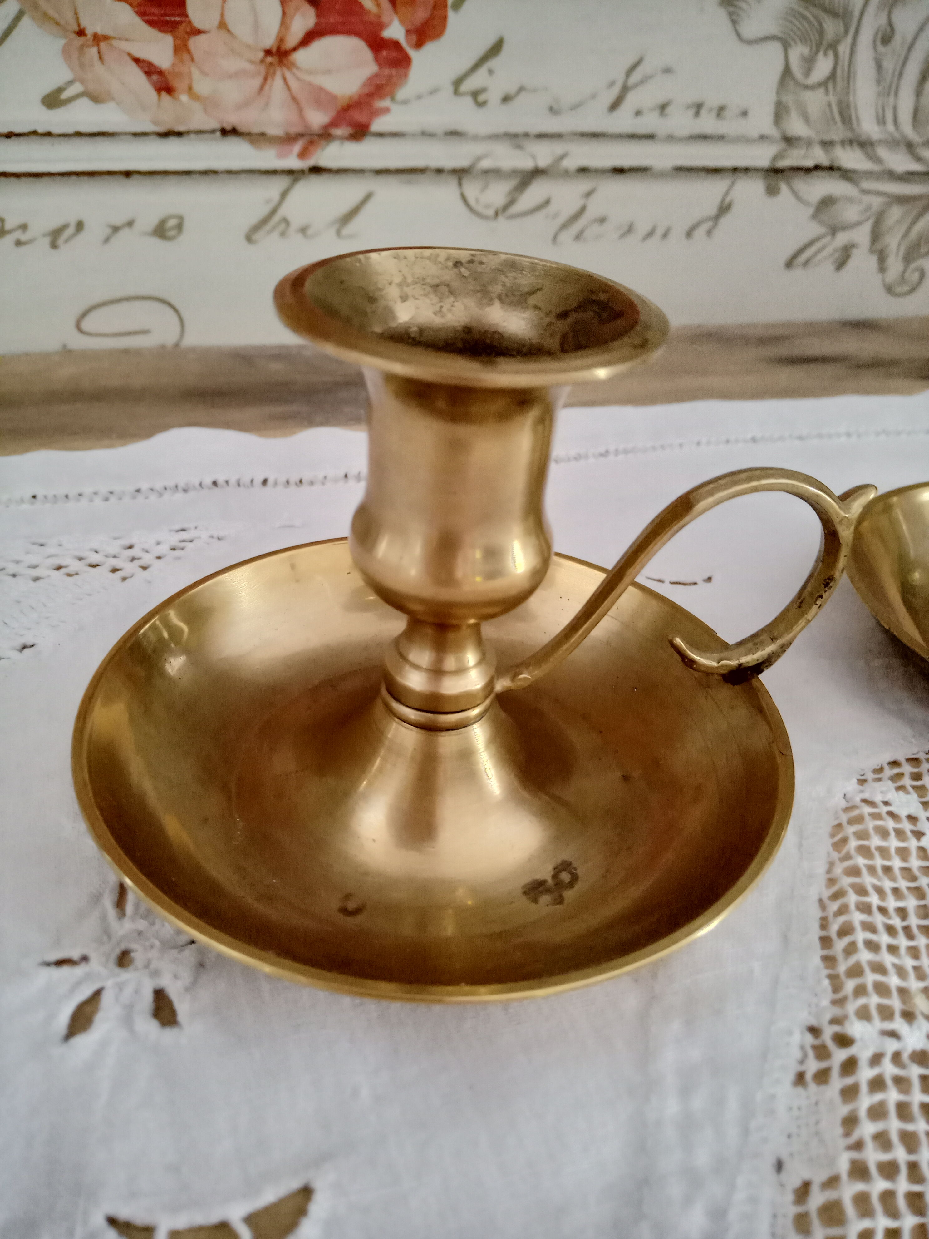 Set of 2 vintage hand candlesticks brass cellar rat