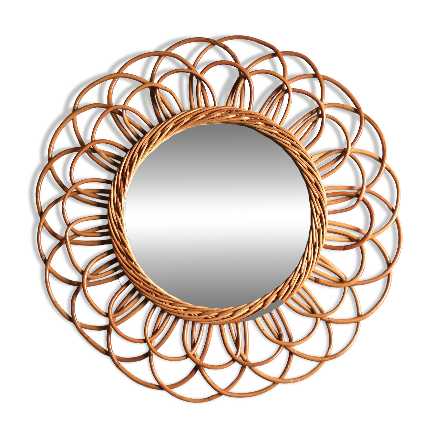 Miroir soleil rond en rotin, années 70