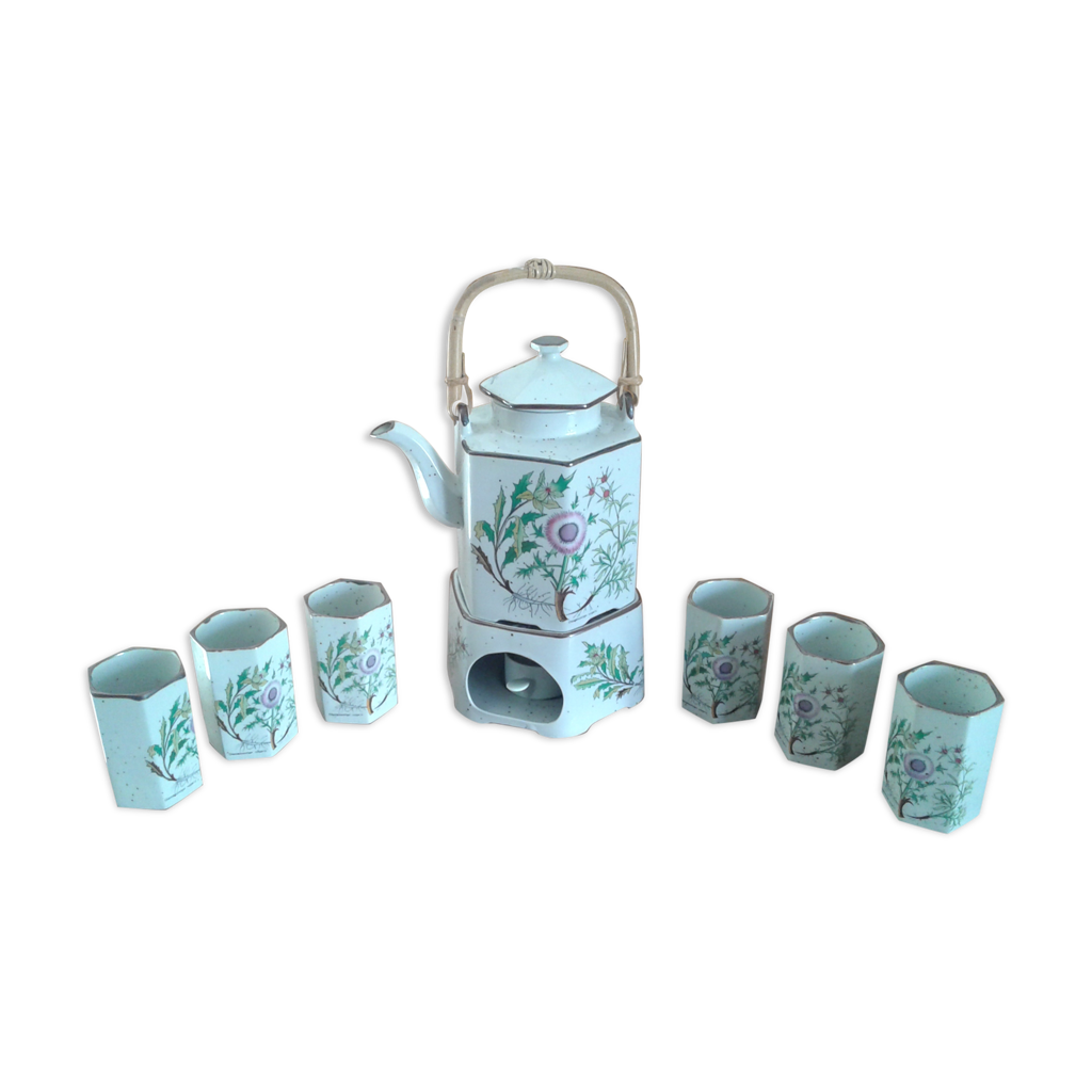 Très beau service à thé ancien grès vernisse vintage théière 6 tasses asiatique tbe - Décoration
