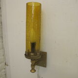 Pair of wall sconces, folded metal and yellow "shattered" glass