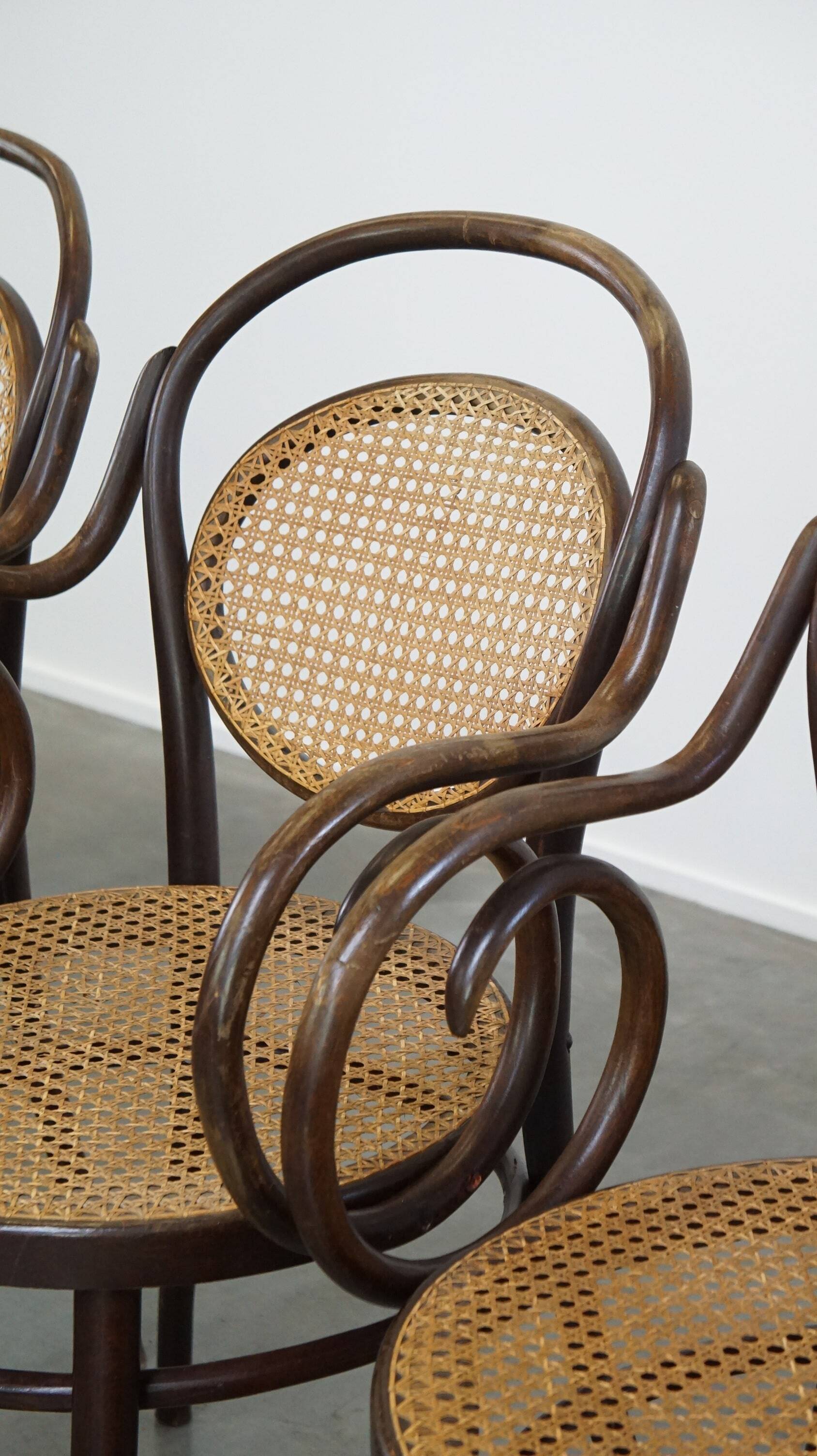 Very elegant, characterful, and graceful set of 4 Art Nouveau design bistro chairs