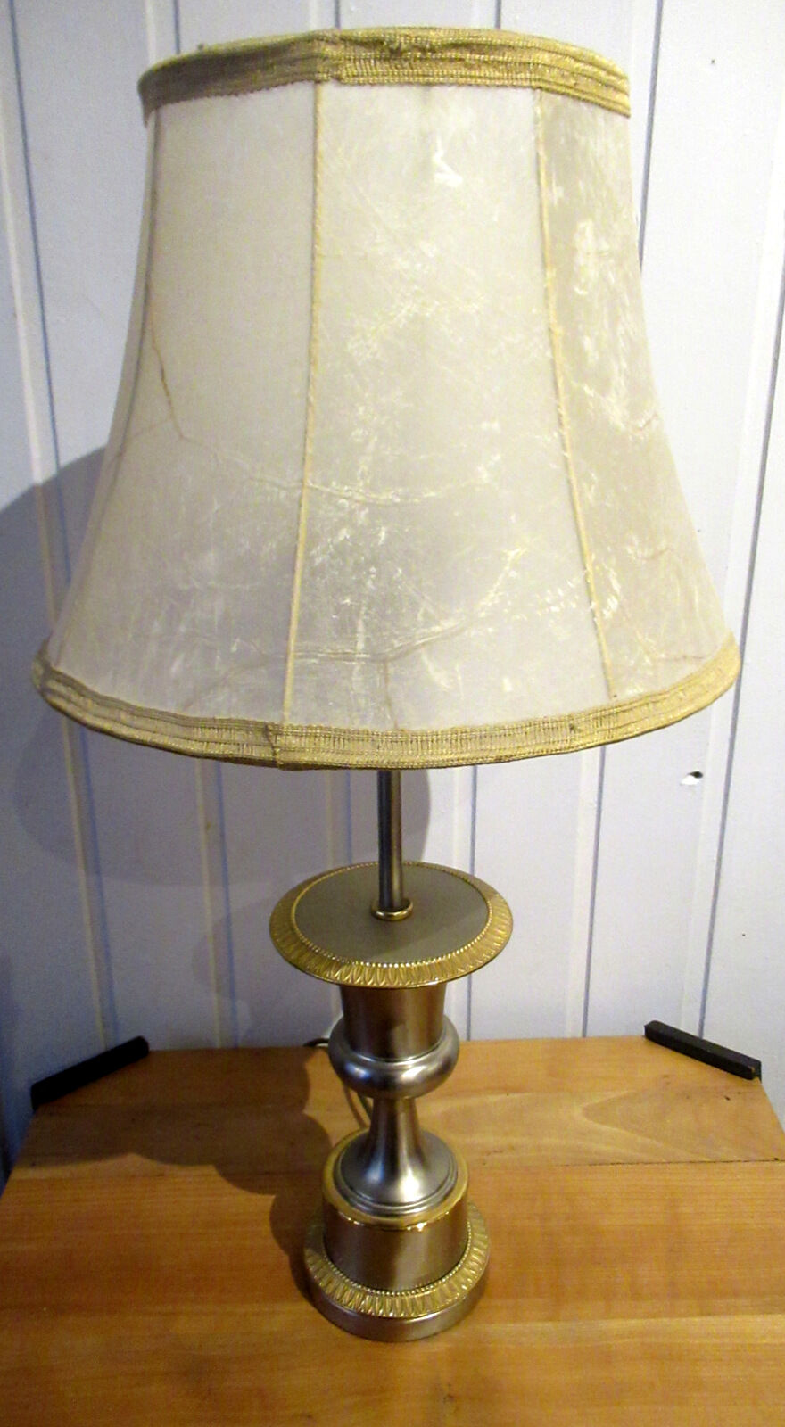 Vintage lamp, steel and brass. Pig bladder lampshade