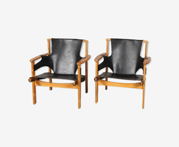 Fauteuils Carl-Axel Acking pour NK Nordiska Kompaniet Trienne en chêne teinté et cuir, Suède,