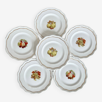 6 assiettes à dessert vintage porcelaine liseré doré motif fruits