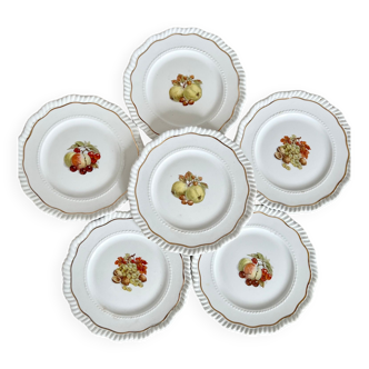 6 vintage dessert plates porcelain gilded edging fruit pattern