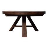Table basse ronde brutaliste vintage avec trépied en chêne, France, 1960s