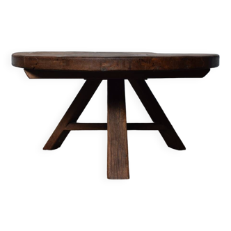 Mid Century French Oak Rustic Brutalist Round Tripod Coffee Table, 1960s