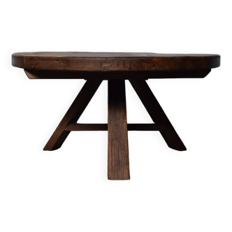 Table basse ronde brutaliste vintage avec trépied en chêne, France, 1960s