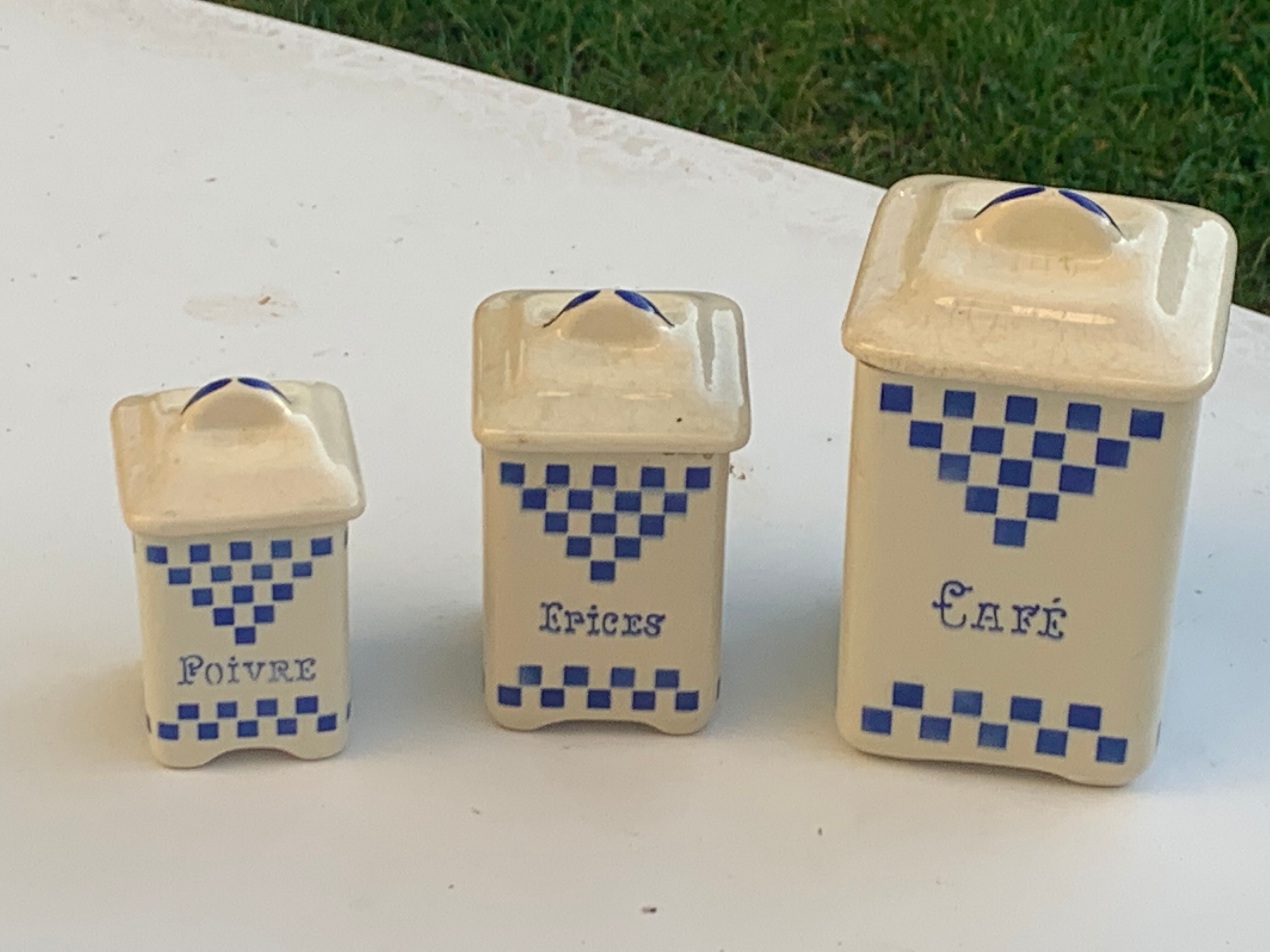 Set of 3 earthenware spice pots geometric pattern art deco period