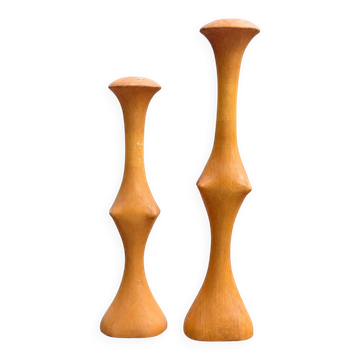 Pair of sculptural turned wood candlesticks – Vintage 1960s-1970s
