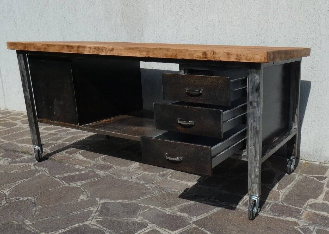 Industrial Island Counter in Steel and Walnut, 1970s