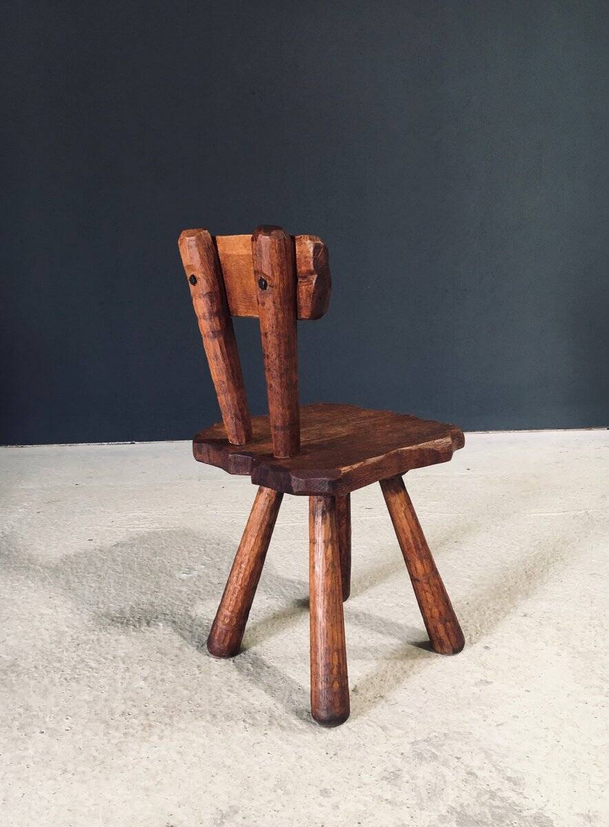 Rustic Alpine Hand-Carved Oak Chair, France, 1920s