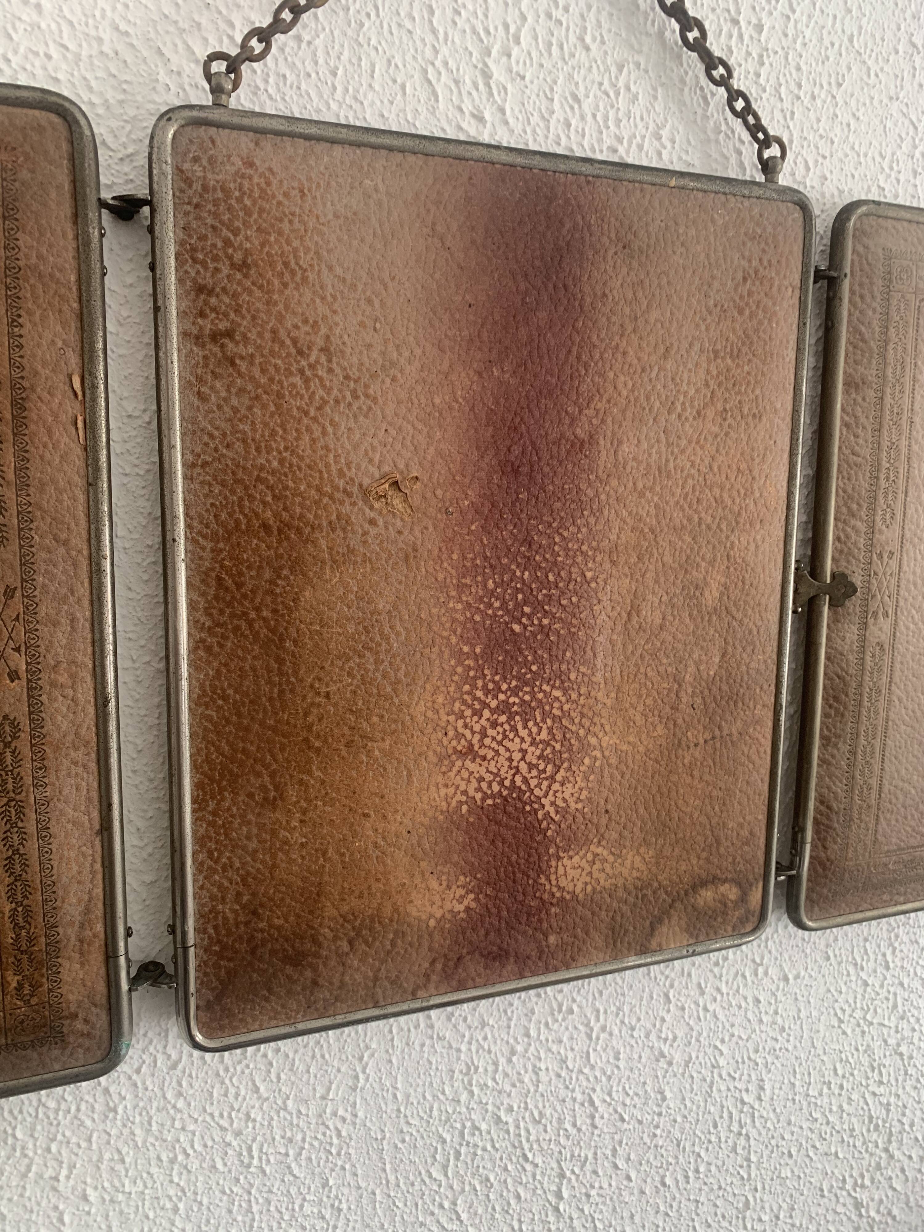Vintage 1900 triptych mirror, old pink nickel-plated metal - 31 x 76 cm